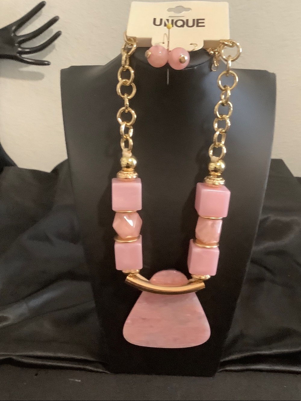Nique Gold-Tone Necklace with Pink Beads and Matching Earrings